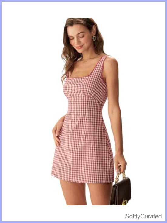 Dresses & Skirts - RIHOAS Gingham Plaid Mini Dress Square Neck Sleeveless A-Line